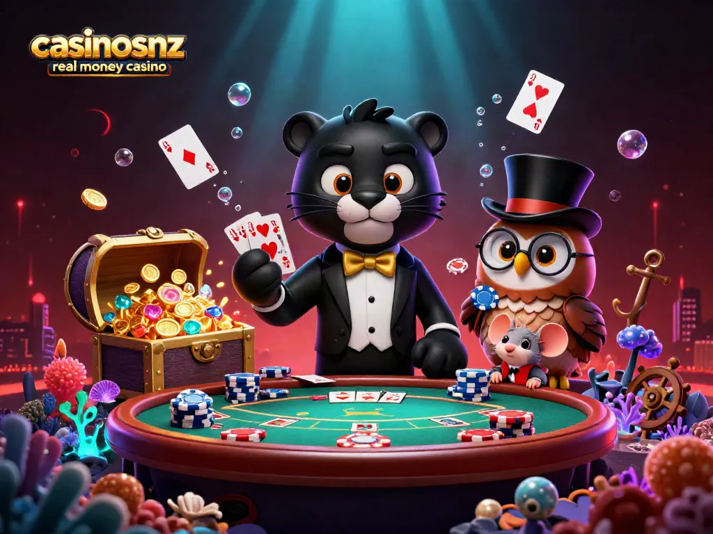 Experience the thrill of casinosnz real money casino with stylish cartoon characters in an exciting gaming scene.