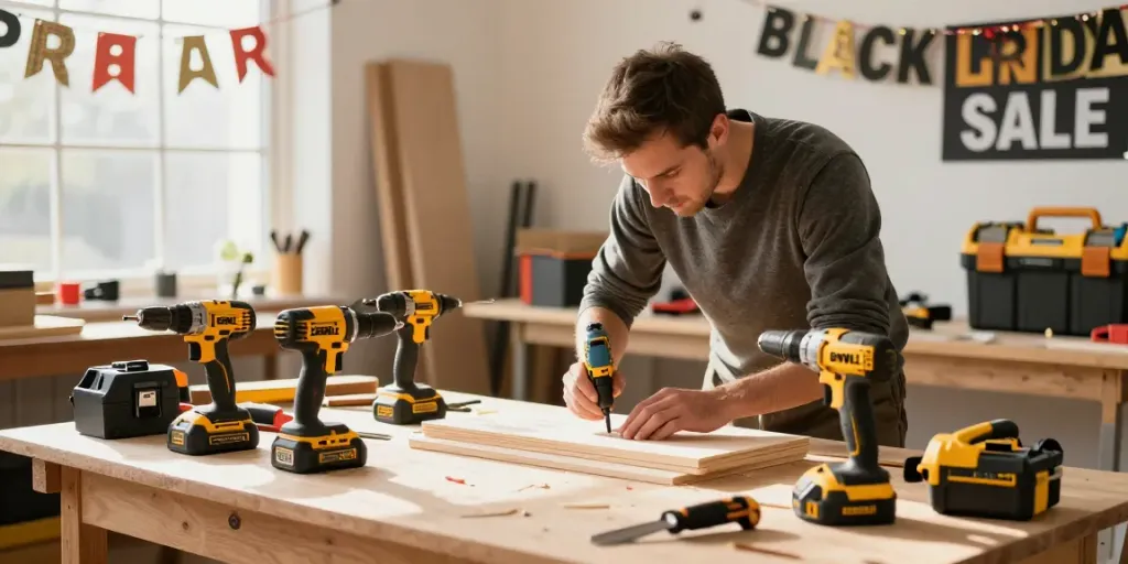 Preparazione del Black Friday Dewalt con artigiano al lavoro in un laboratorio attrezzato.