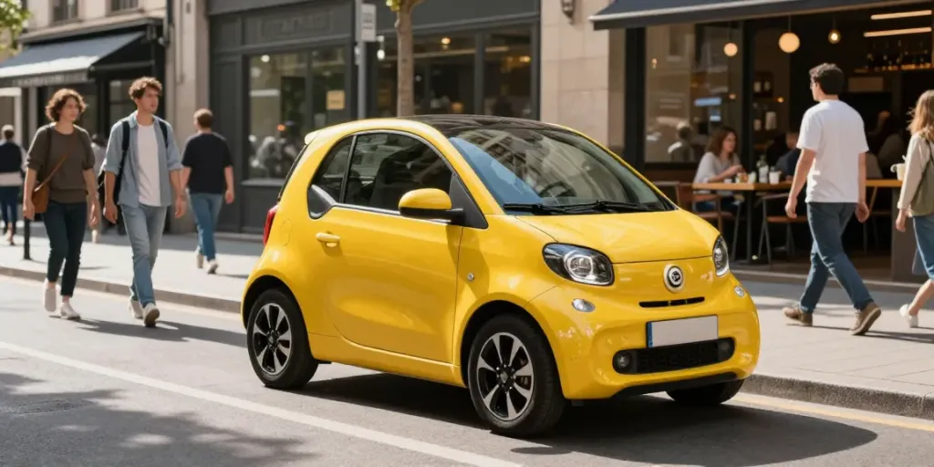 Scena di noleggio lungo termine Aixam in città con minicar gialla e pedoni in movimento.
