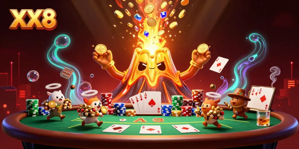 Experience fortune with XX8 as a golden volcano erupts coins, gems, and treasure in a vibrant casino scene.
