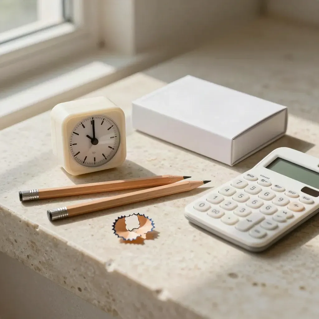 Kit per esami con timer analogico, matite temperate, calcolatrice e box schede su travertino chiaro