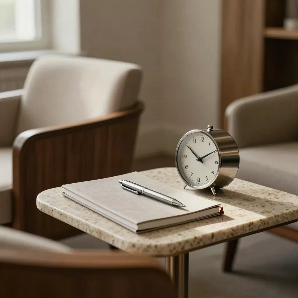 Angolo mentoring con due sedute vuote, taccuino, penna metallica e orologio su legno caldo.