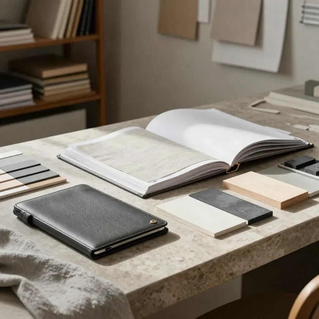 Portfolio ordinato per designer freelance con swatch, tablet chiuso e campioni materiali.
