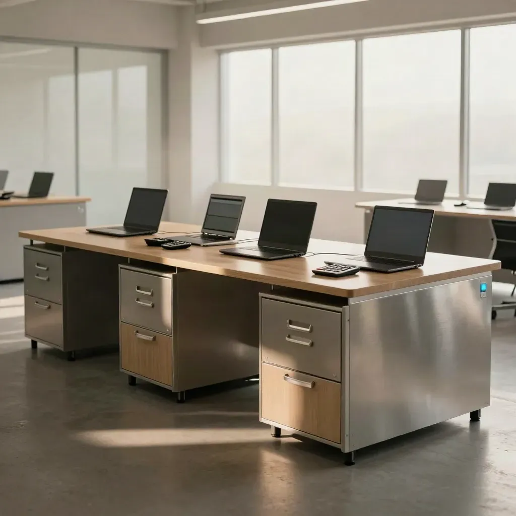 Area sales ops ordinata con file station, laptop chiusi e tray metallici in luce cinematica.