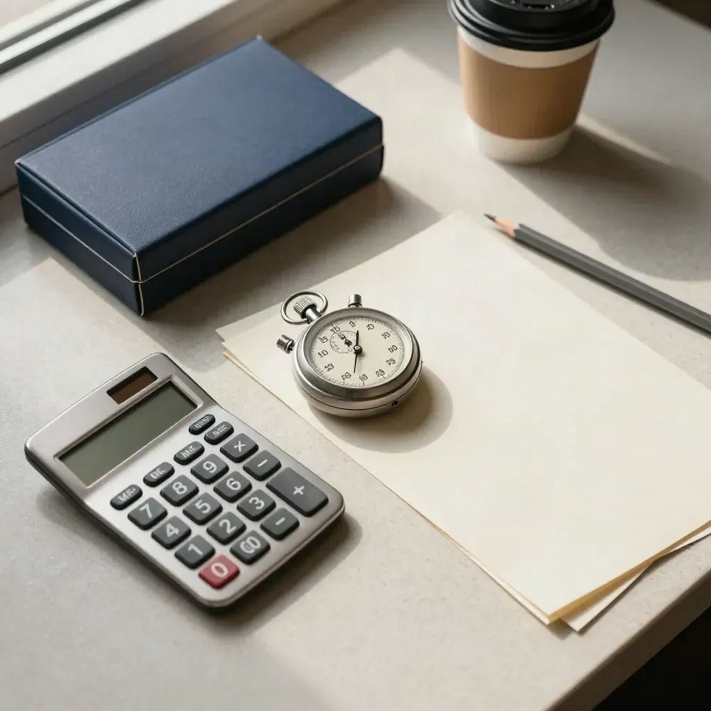 Oggetti per simulazione d’esame: timer, matite, calcolatrice e box blu chiuso su piano chiaro.