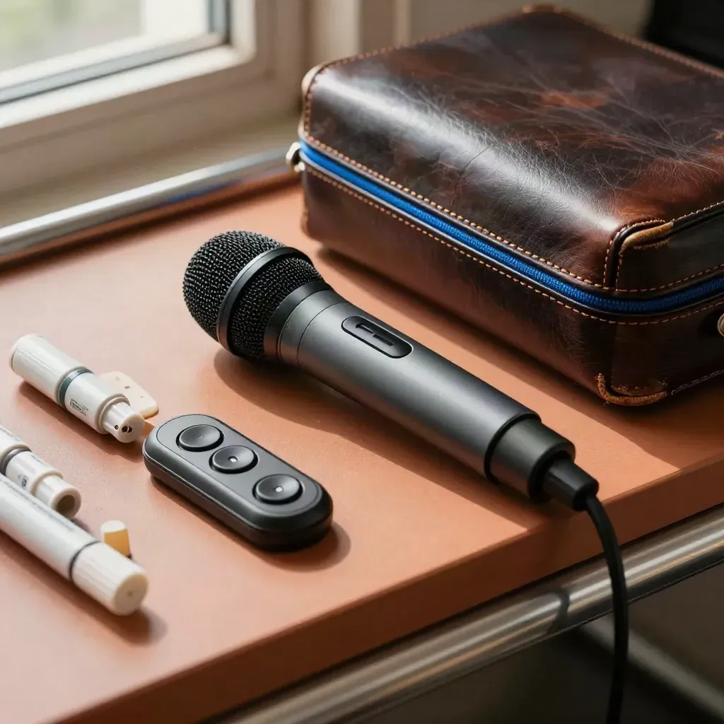 Kit da trainer aziendale con microfono, clicker, tappi marker e custodia in pelle scura.