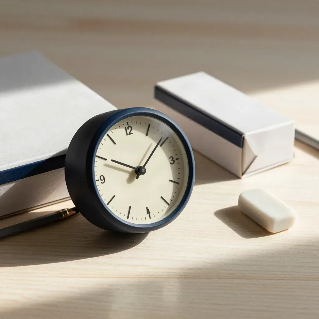 Timer analogico, scatola schede chiusa, gomma e matita consumata su legno chiaro, luce laterale
