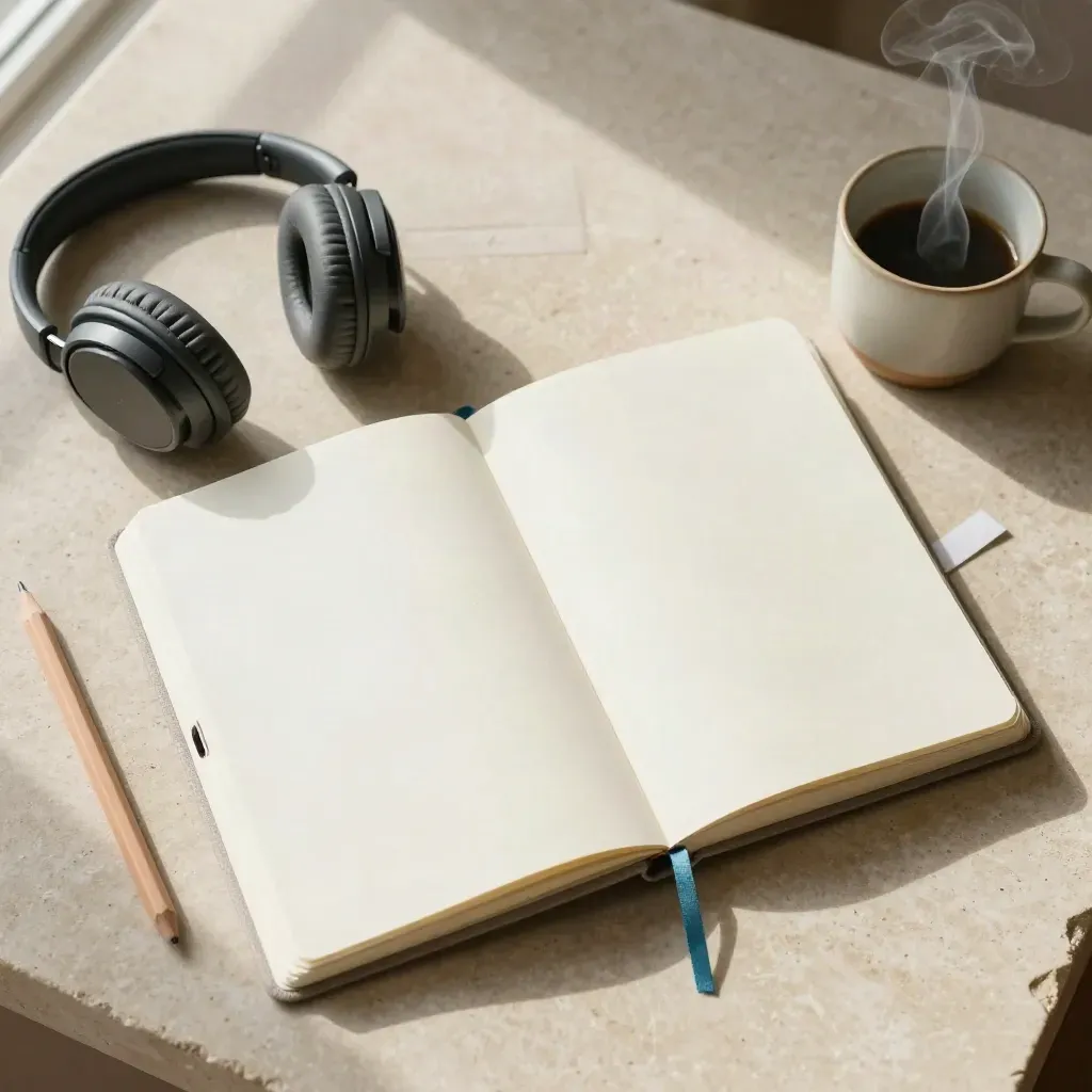 Flat lay di taccuino aperto, cuffie, matita e tazza fumante su pietra chiara.