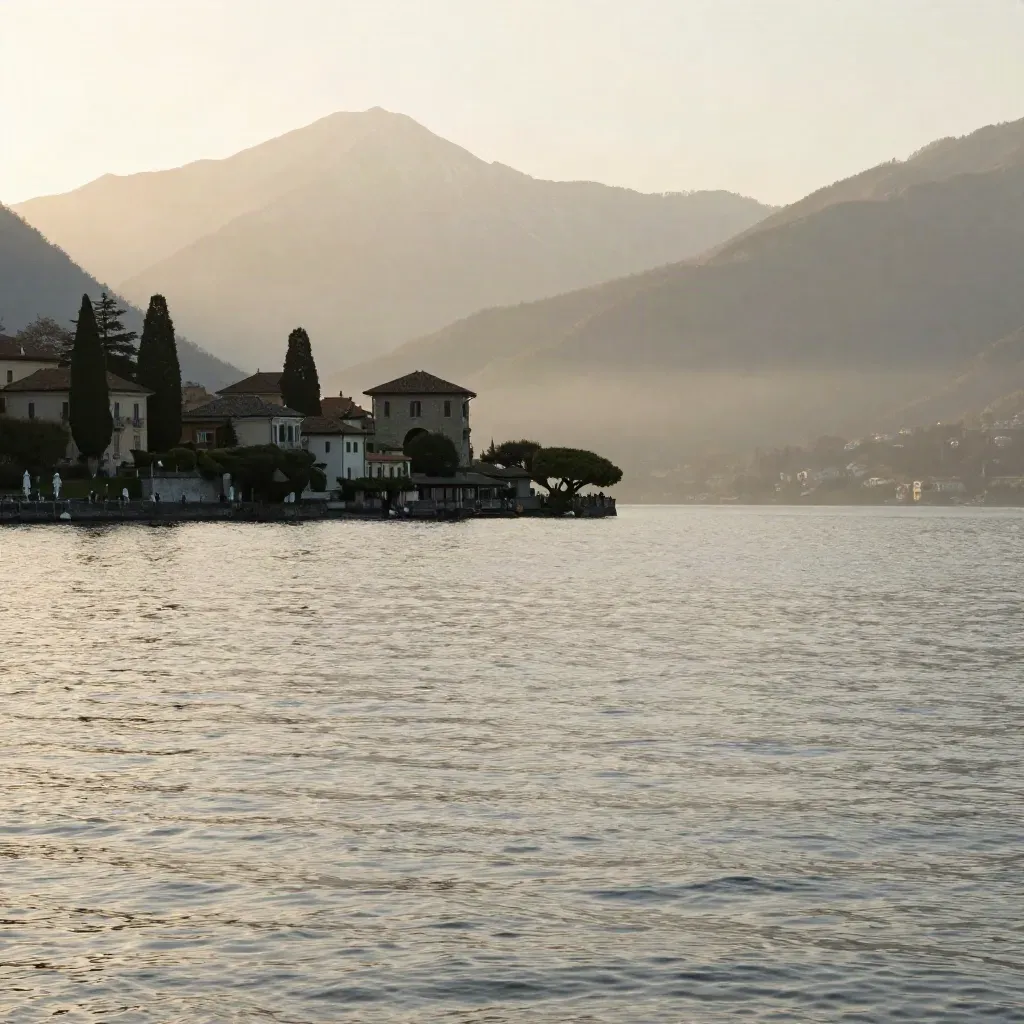 Lago di Como all’alba con ville lontane e montagne avvolte nella foschia.