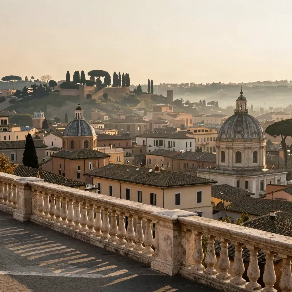 Roma all’alba da un terrazzo alto, cupole e mura antiche nella luce calda.