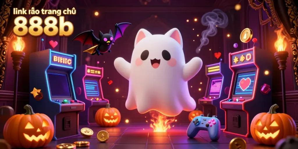 Engage with the vibrant scene of link vào trang chủ 888b featuring a ghost cat and a vampire bat in a haunted casino.