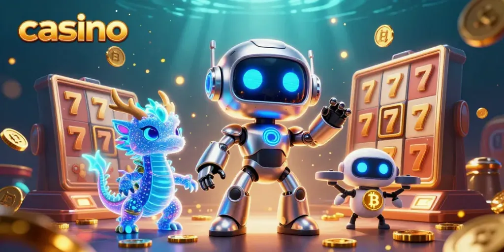 Experience the thrill of casino gaming with our vibrant 3D illustration showcasing exciting slot reels and dynamic characters.