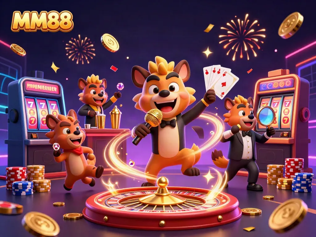 Engage in MM88 excitement with hyena characters showcasing comedy and casino fun.
